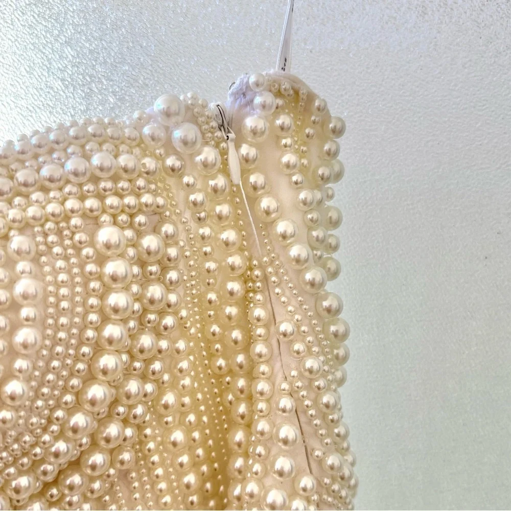 🆕 RETROFETE Deema Pearl Embellished Strapless Crepe Mini Dress Ivory Sz S - Picture 7 of 12